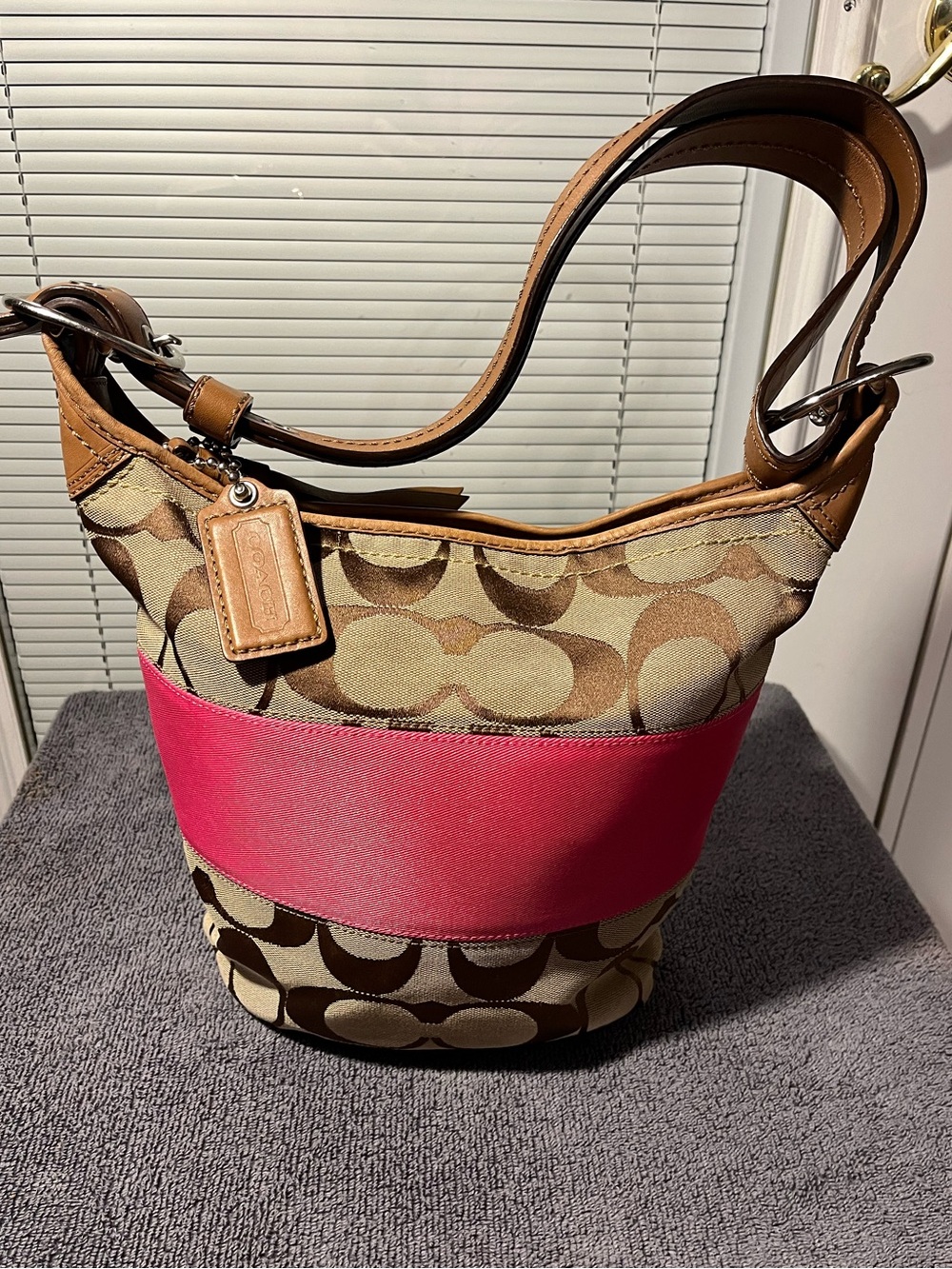 Coach Y2k Vintage EUC Stripe Rugby Duffle pink and brown signature canvas